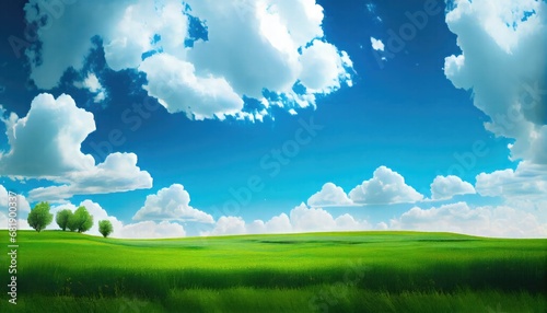 Beautiful green meadow field hill white clouds blue sky agriculture landscape spring cloudscape air background beauty bright cloud cloudy colourful country countryside day environment farming