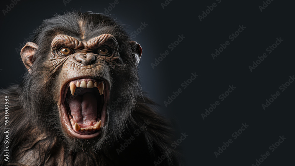 Angry chimpanzee open mouth ready to attack isolated on gray background