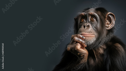 Confused chimpanzee is thinking something isolated on gray background photo