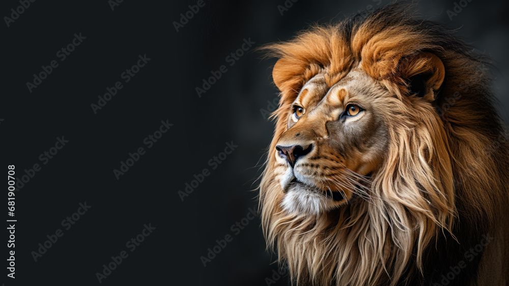 A lion looks in the distance isolated on gray background