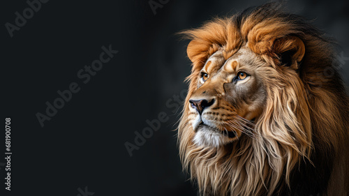 A lion looks in the distance isolated on gray background photo