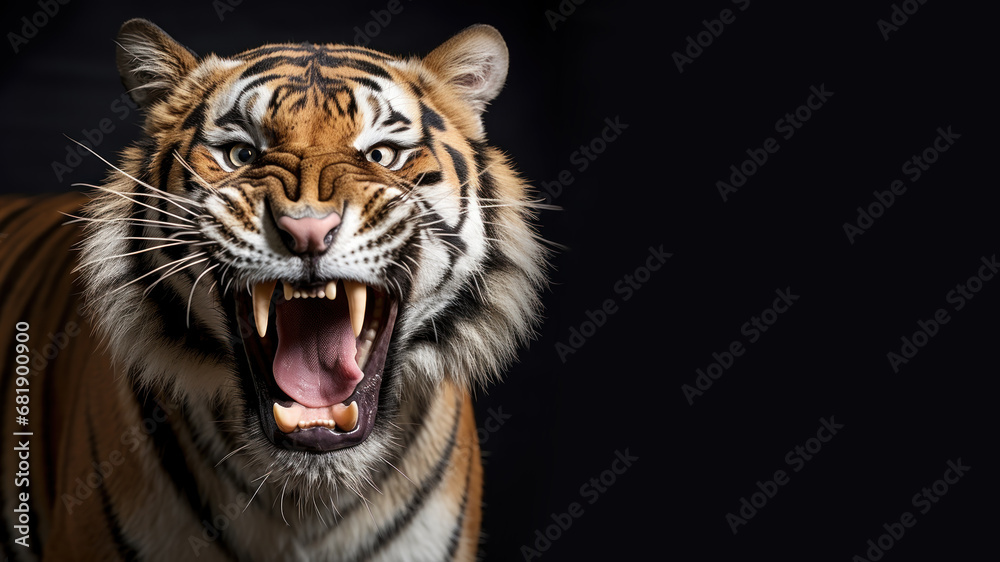 Fototapeta premium Angry tiger roaring ready to attack isolated on gray background