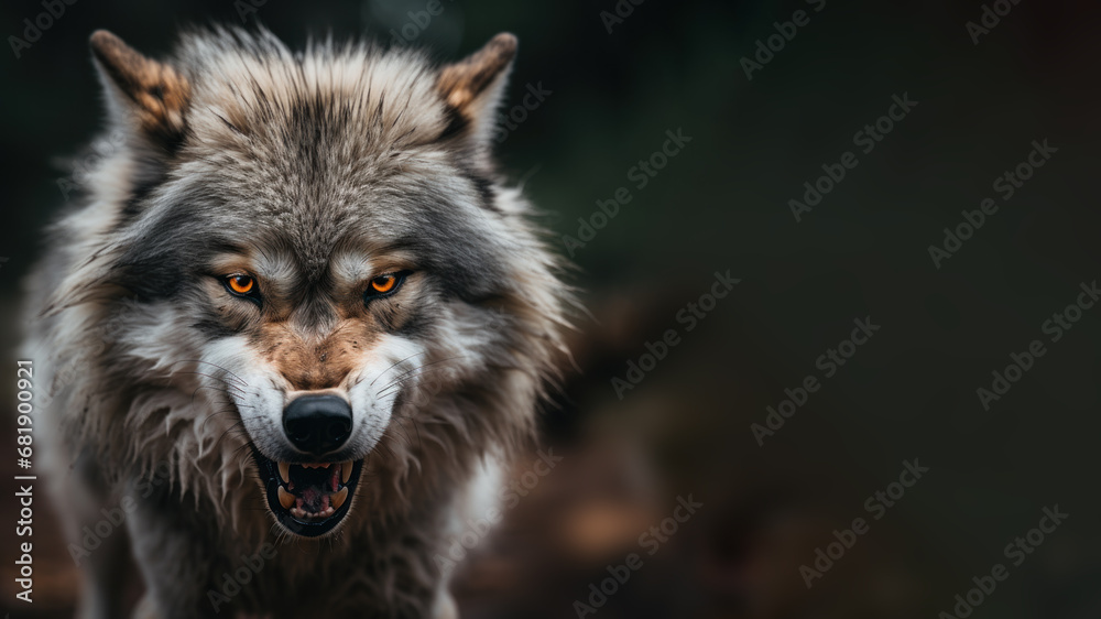 Angry wolf roaring ready to attack isolated on gray background