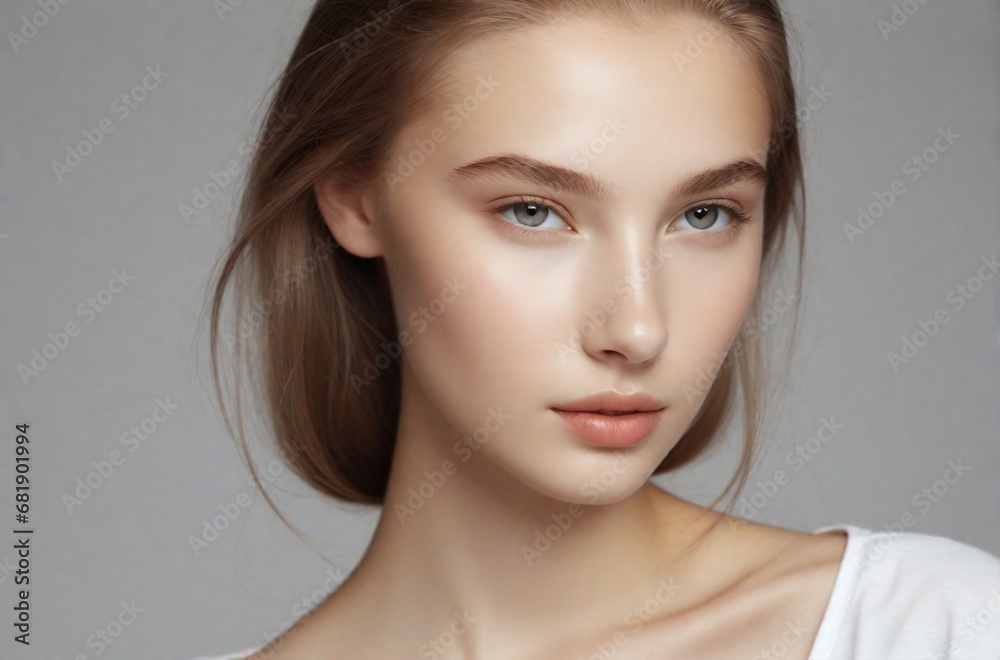 A young beautiful russian woman with long healthy brown hair and smooth fair skin and beautiful face. For advertisment. Concept for skin care, hair care and beauty. 