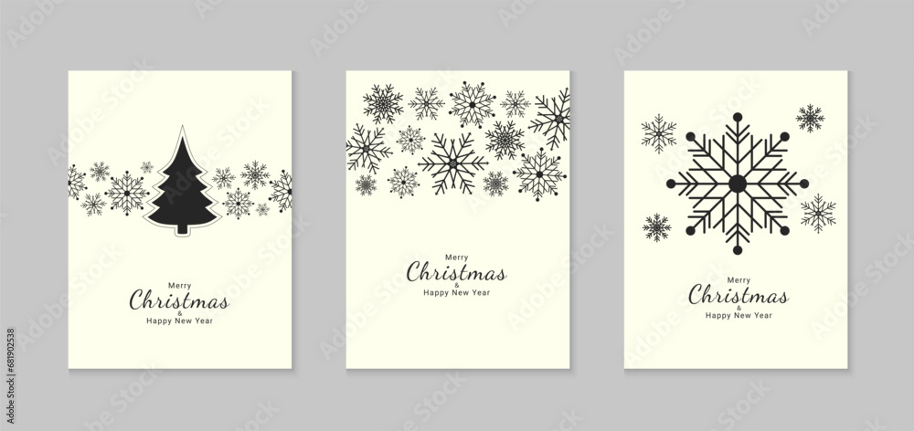 Set of Christmas and New Year cards. Flat holiday background design with xmas decorations. Illustration template for greetings, invitations, brochures, covers. Vector