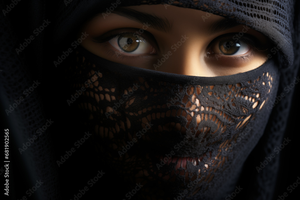 Portrait of woman in traditional veil with intricate lace detailing. Her eyes are the focal point