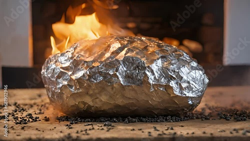 Closeup foilwrapped potato nestled coals fireplace. potato cooks, foil starts crinkle skin turns crispy, creating perfect side dish grilled meal. photo