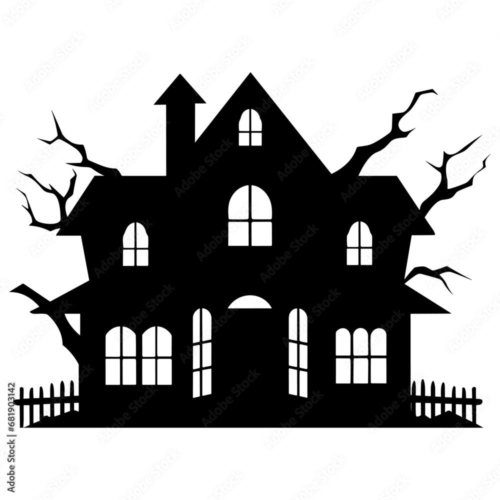 A Scary Haunted House Silhouette Vector isolated on a white background A Scary Haunted House Silhouette Vector isolated on a white background