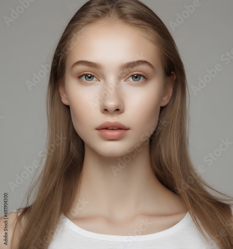 A young beautiful russian woman with long healthy brown hair and smooth fair skin and beautiful face. For advertisment. Concept for skin care, hair care and beauty. 