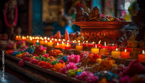 Burning candle illuminates altar for Hindu prayer ceremony indoors generated by AI