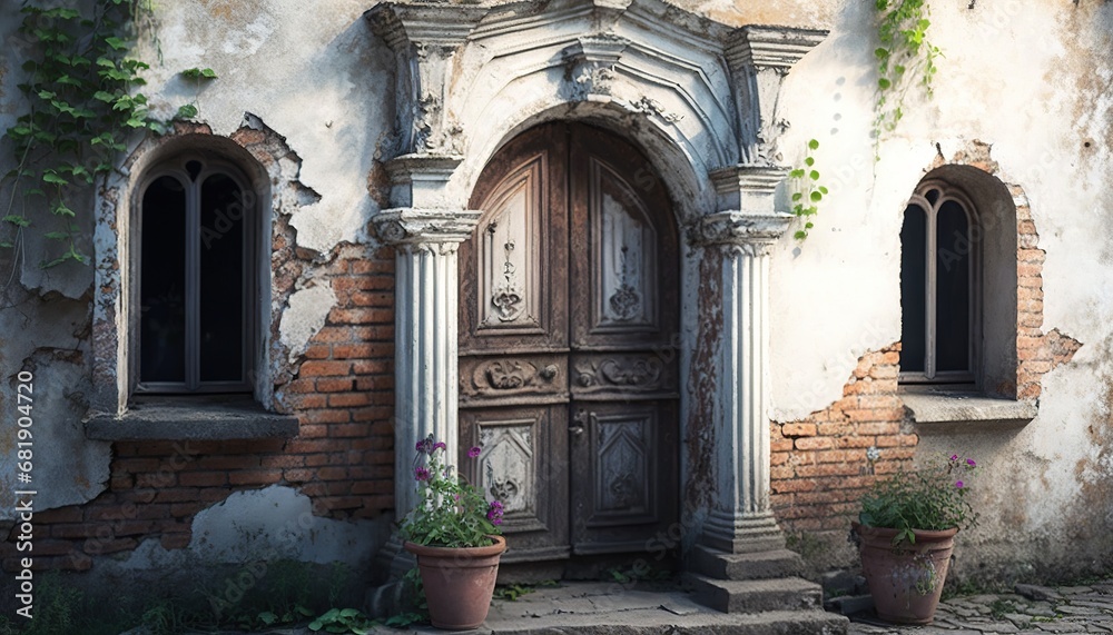 Weathered entrance door window doorway entry front facades old house castle flower flowerpot decorated plant blossom bloom geranium outdoors summer ancient vintage brick wall residential