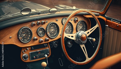Vintage car interior antique luxury classic wooden closeup steering old obsolete vehicle transport wood design transportation style part driving past revival fashion wheel retro old-fashioned photo