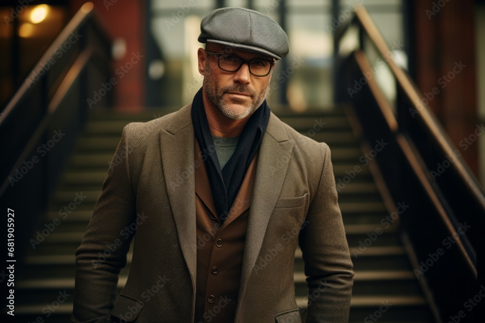 Portrait of a stylish mature man in a beret and coat on the stairs. Portrait of a stylish mature man in a beret and coat on the stairs.