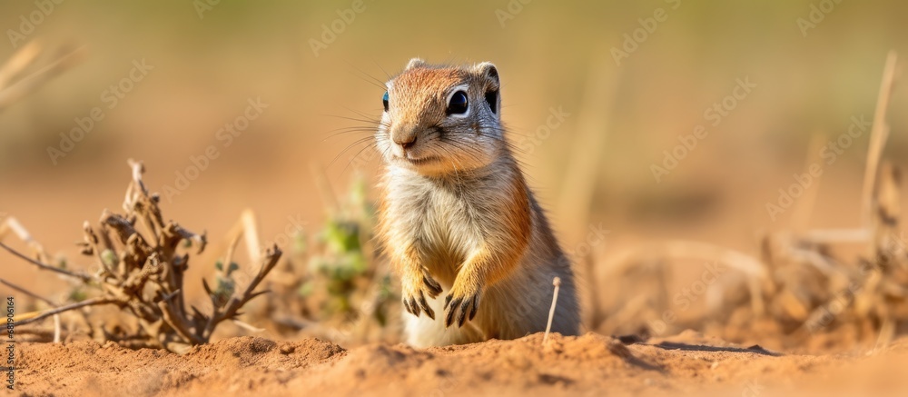In the vast grasslands of Africa, a cute mammal, a ground squirrel, with its furry body and bushy tail, diligently scurries along the ground, alert and agile, searching for food while its adorable In the vast grasslands of Africa, a cute mammal, a ground squirrel, with its furry body and bushy tail, diligently scurries along the ground, alert and agile, searching for food while its adorable