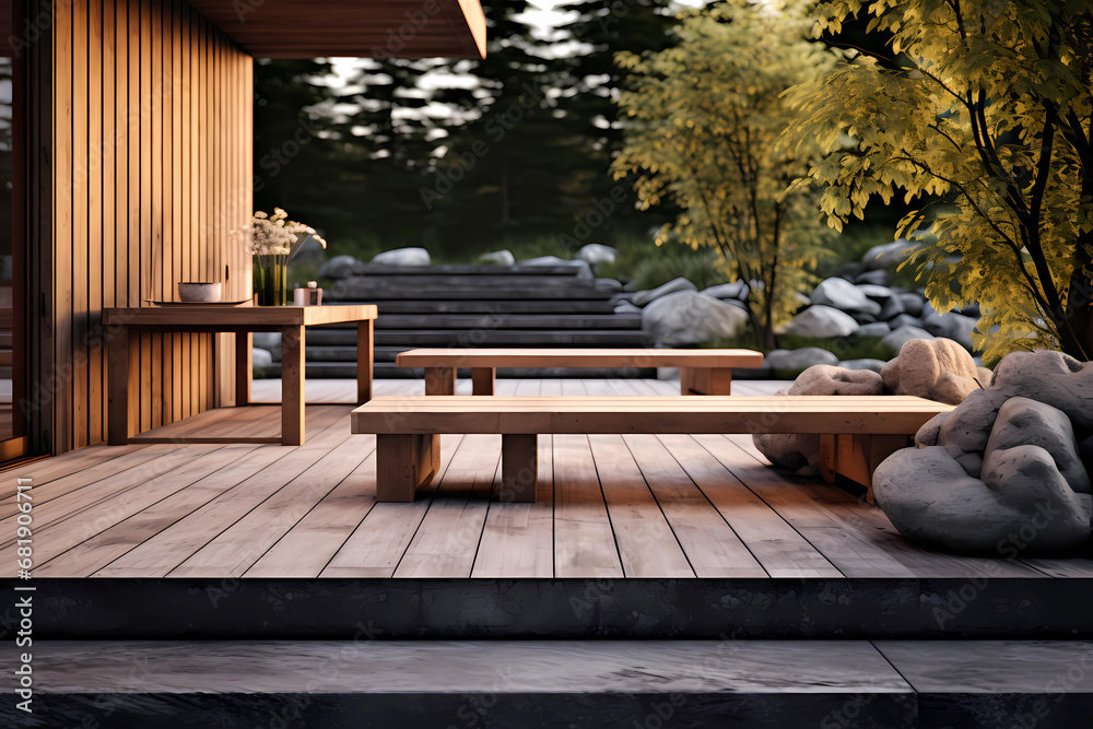 A modern outdoor patio in wood and stone