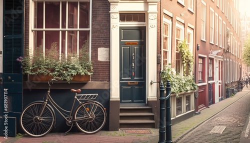 Typical Amsterdam old city street view traditional buildings vintage bicycle architecture door holland entrance dutch europa european building retro nobody tranquil calmness no people day summer photo