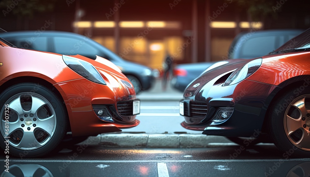 Two new cars standing front each other car transportation vehicle auto parking 2 red blue half face part of modern tire shiny driving rim alloy park detail traffic city life urban design metallic