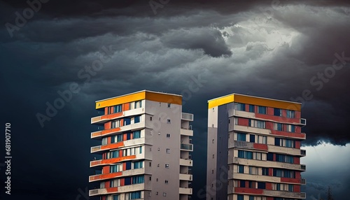 Two colorful residential buildings stormy dark blue sky Abstract looking high contrast picture copy space top architecture building storm colourful modern balcony symmetry symmetric outdoors 2 photo