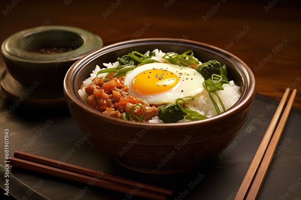 A close-up photo of a bowl of rice with a fried egg on top and chopsticks resting on the side. The egg is cooked sunny-side up, with a runny yolk and crispy edges.