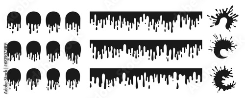 Splash and ink splatter cartoon set. Stain and paint splat shapes, liquids drop icon flat splatter. Different splashes and drops muddy black drips down shape collection. Isolated vector illustration