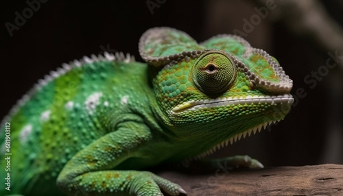 Horned chameleon on branch, looking cute with yellow eyes generated by AI