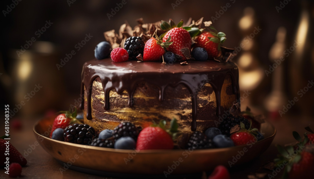 Sweet berry cheesecake slice on rustic wood plate with decoration generated by AI