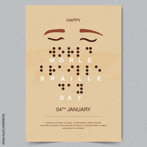 World Braille Day 4th January poster with braille alphabetic system illustration on isolated background