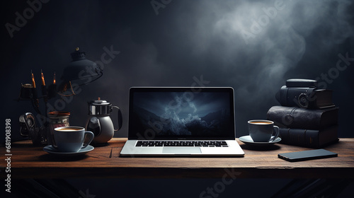 dark modern designer workspace with laptop camera