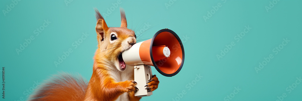 A squirrel with a megaphone making an announcement - obrazy, fototapety, plakaty 