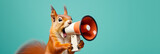 A squirrel with a megaphone making an announcement