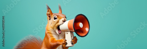 A squirrel with a megaphone making an announcement photo