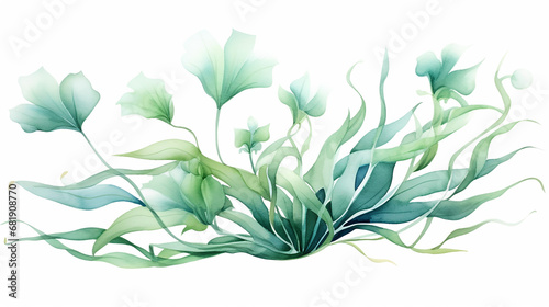 hand painted watercolor laminaria with algae leaves branch isolated on white background.