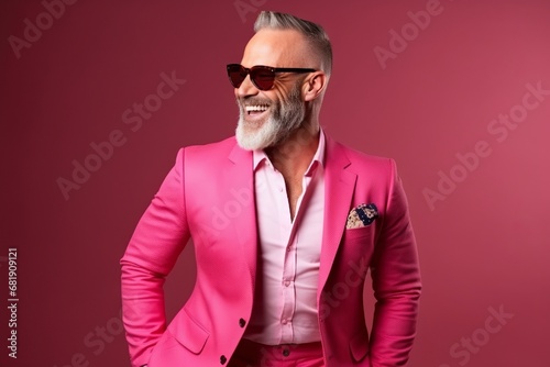 Portrait of a stylish senior man in pink suit and sunglasses. © Chacmool