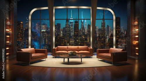 Empty talk show set with cityscape background and couches.Concept of Silent Studio Setting, Empty Talk Show Stage, Waiting for Stories, Wood-Floored Spotlight, Behind the Scenes Quiet.
