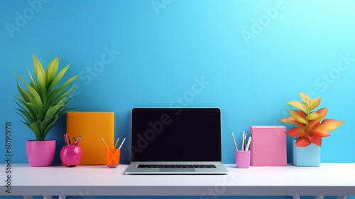 office desk table with set of colorful supplies computer with blue wall