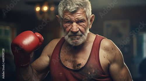 Grandpa man in gym training with red boxing gloves. Concept of Active Grandpa, Fitness Grandfather, Senior Boxer Workout, Grandpa's Boxing Session. © Lila Patel