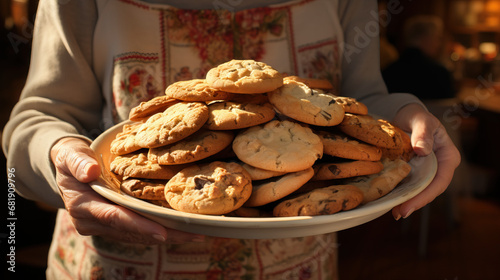 Close up shot of plate of cookies being held by grandma. Concept of Cookies in Grandma's Hands, Close-up Treats, Sweet Grandma's Delight, Plate of Happiness.
