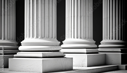 Three classical black white Greek columns row pillar column marble architecture courthouse building government strong strength colonnade justice style culture library built structure classic photo