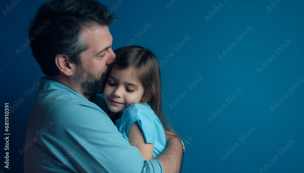 Father and son bonding, smiling with love in blue studio generated by AI Father and son bonding, smiling with love in blue studio generated by AI