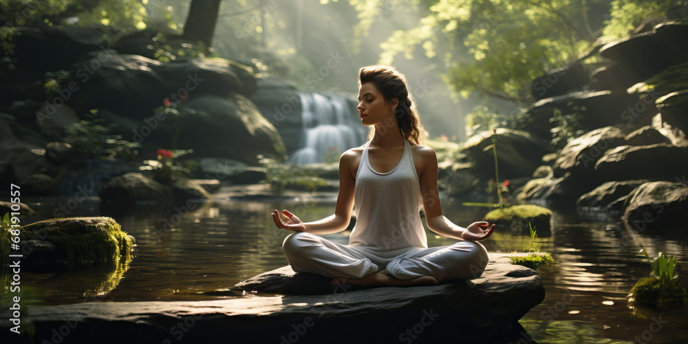 Woman meditating in yoga pose in creek bed nature. Concept of Nature mindfulness, inner peace, yoga in natural settings, connecting with nature. - obrazy, fototapety, plakaty 