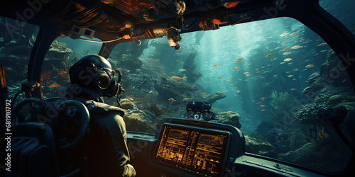 Man driving submarine in the ocean cockpit view. Concept of Underwater navigation, deep-sea exploration, piloting submersible vehicles.
