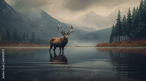 elk stag walking in a lake photo