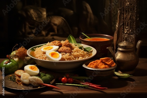 A steaming bowl of noodles  eggs  and vegetables sits on a wooden table. The noodles are cooked to perfection and the eggs are soft-boiled.