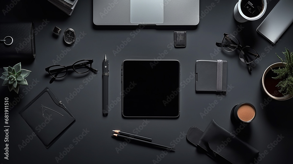 top view of dark stylish workplace with samrtphone top view of dark stylish workplace with samrtphone