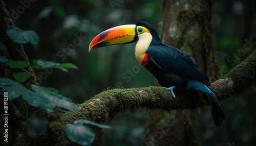 Vibrant macaw perching on branch, showcasing natural beauty outdoors generated by AI