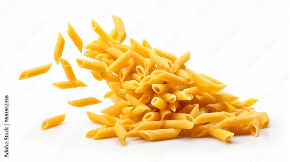 Falling italian penne rigate pasta isolated on white background with clipping path Falling italian penne rigate pasta isolated on white background with clipping path