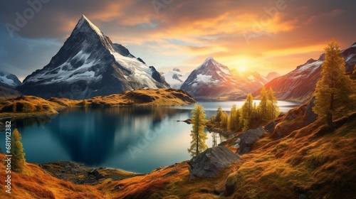 sunset over the mountains and lake, Beauty of nature concept background
