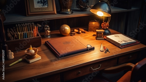 vintage comfortable wooden table with office supplies