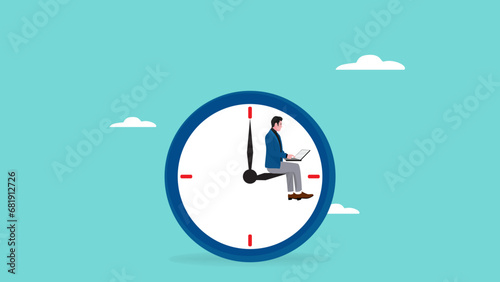 time management concept with s businessmen sitting on clock illustration, businessman sitting on big wall clock while working with laptop, efficiency multitasking vector time management