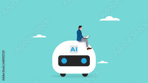 artificial intelligence and the future of work illustration with businessman sitting on multitasking artificial intelligence robot to help his work, ai in work management concept